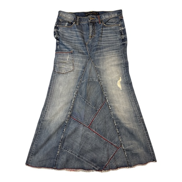Lucky Brand Lucky Legend Patchwork Denim Maxi Skirt Peace Sign Boho Y2K Size 4 - Picture 2 of 7